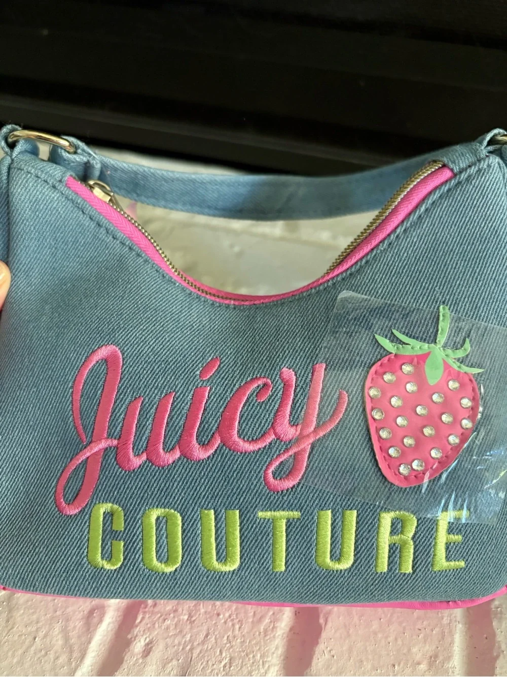 Juicy Couture Denim Mini Bag with Pink Embroidery